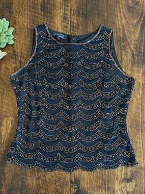 J KARA | Vintage Beaded Sleeveless Top - Art Deco Scalloped Glam, Size M